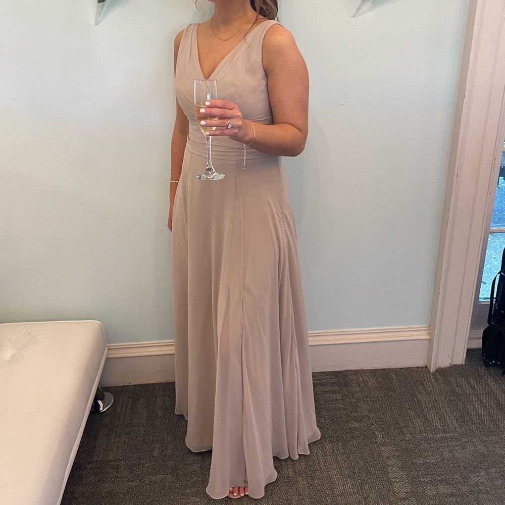 David’s Bridal long chiffon surplice tank dress - color: Biscotti